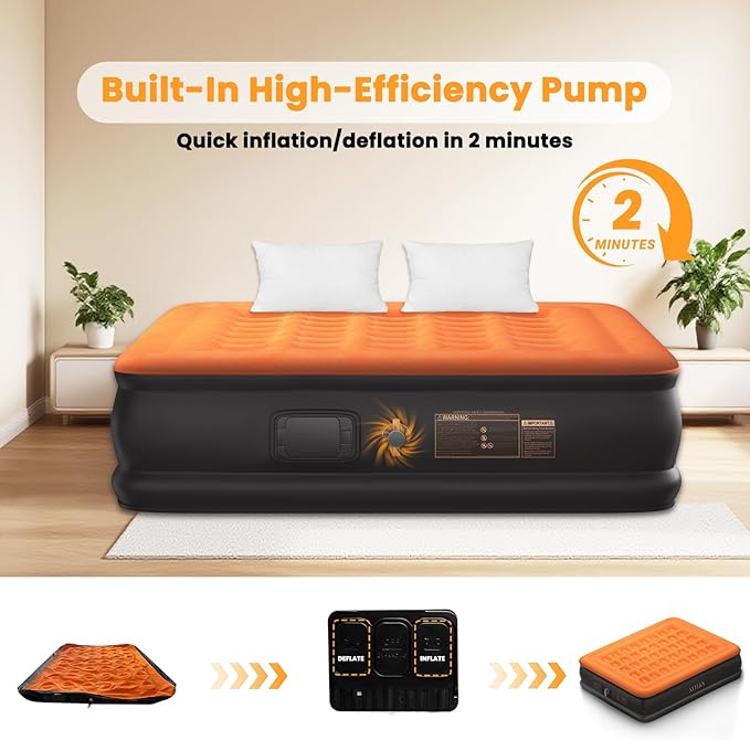 Queen Air Mattress with Built in Pump - USB Rechargeable, 16'' Comfort Blow up Mattress, Surface Portable Mattress, Air Bed for Camping, Home and Guest, 800 lbs Max
