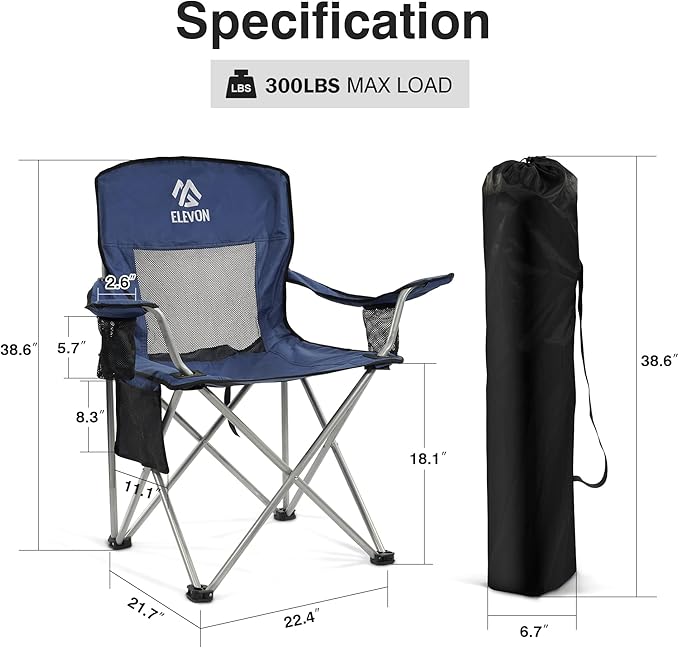Elevon Folding Camping Chairs, Portable Outdoor Beach Chair for Adults with Carry Bag & Cup Holder, Foldable Lawn Chair with Mesh Backrest for Camp Fishing Hiking Travel Picnic Sports,