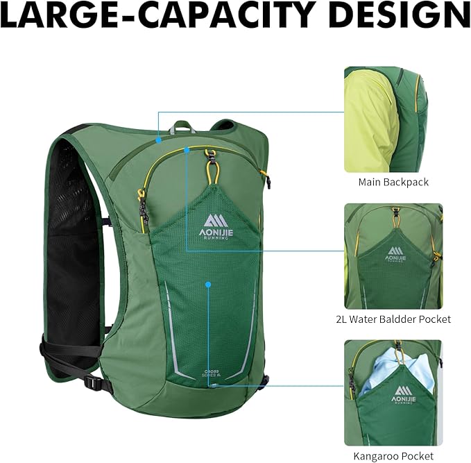AONIJIE Running Hydration Vest for Men & Women, 8L Hydration Backpack, Multiple Pocket Designs for Water Bottles/Bladders, Lightweight Breathable for Hiking, Climbing, Marathon & Cycling