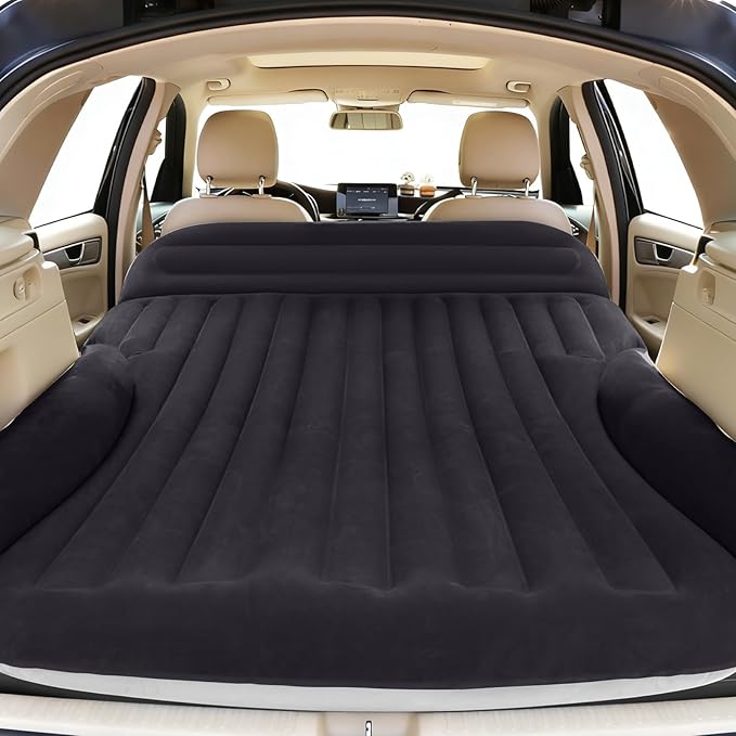 SUV Air Mattress, Double-Sided Thick Flocked Car Air Mattress with Built-in Pump & Pillow, Complete Sleeping Accessories for Auto Camping & Road Trips（Blue Black）