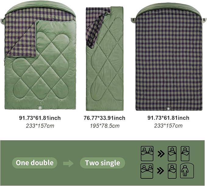 ShinHye Double Sleeping Bag for Adults with 2 Pillows, Camping Sleeping Bags Flannel Cotton 2 Person Sleeping Bags XXL Queen Size Sleeping Bag for Cold Weather