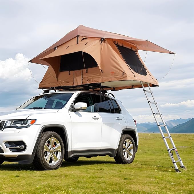 VEVOR Rooftop Tent Hard Shell, 2-3 Person Aluminum Roof Top Tent Hardshell with Tri-Color LED Light, Thick Mattress & 1 Window, Waterproof Windproof Overland Camping Car Roof Rack for Jeep SUV Pickup