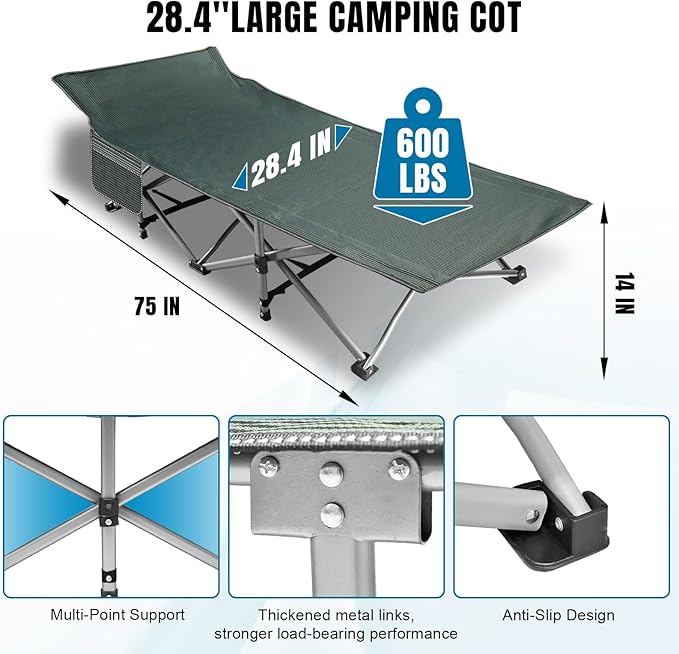 Big RED Camping Cot, Folding Camping Cots for Adults, 1200D Double Layer Oxford Portable Folding Outdoor Cots for Camping W/Soft Pad Carry Bag for Home Office Nap Beach Travel
