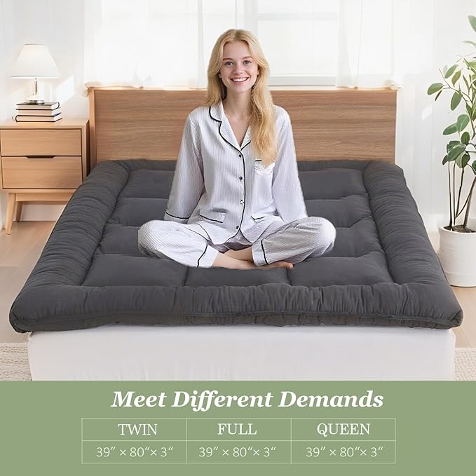 Japanese Floor Mattress Foldable & Portable Roll Up Futon Mattress 3" Grey Tatami Mat for Adult and Kids，Shredded Memory Foam Filled with Straps Sleeping Pad Suitable for Camping，60"x 80" Queen Size