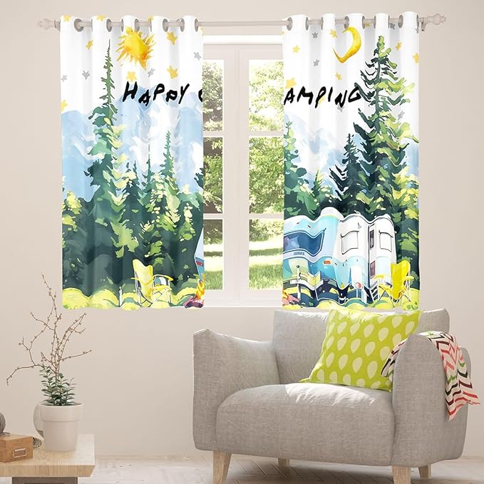 Camper Adventure Kids Blackout Curtains,Bonfire Campfire Pine Tree Rustic Nursery Bedroom Playroom Decor,Star Moon RV Trailer Window Drapes,Summer Green 2 Panels,52Wx63L inch