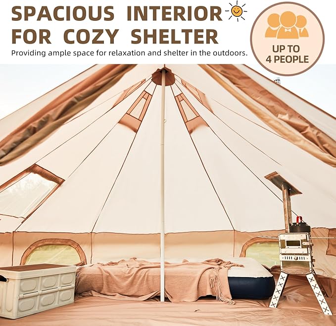 Bell Tent for Family Camping, 9.8/13.1/16.4 FT Yurt Tent with Stove Jack, 4 Season Oxford Tents for Outdoor Party, Hot Tent Shelter Fits 3-4 People