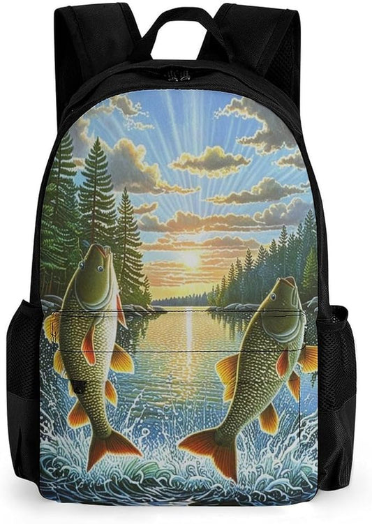 Supdreamc Rucksack Polyester Anti-Theft Multipurpose Two Fish Jumping Out Of Water Art Bookbag Big Capacity Travel and Sport Backpack Rucksack With Side Pockets