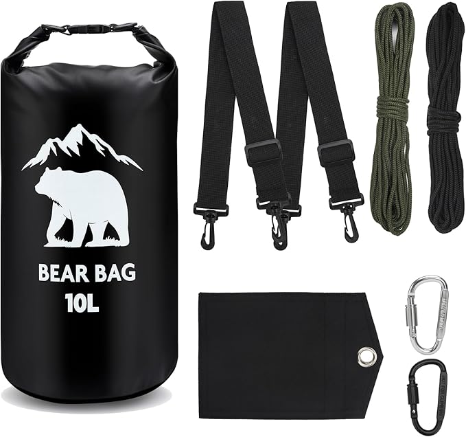 1 Set Bear Bags for Food Backpacking 10L Bear Food Bag Hanging System Bear Proof Food Storage Includes Waterproof Bear Bag, Rock Pouch, Hooks and Nylon Ropes for Camping Hiking (10 L, Black)