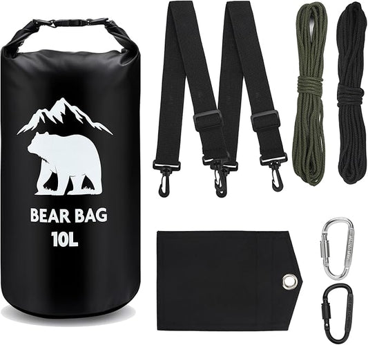 1 Set Bear Bags for Food Backpacking 10L Bear Food Bag Hanging System Bear Proof Food Storage Includes Waterproof Bear Bag, Rock Pouch, Hooks and Nylon Ropes for Camping Hiking (10 L, Black)