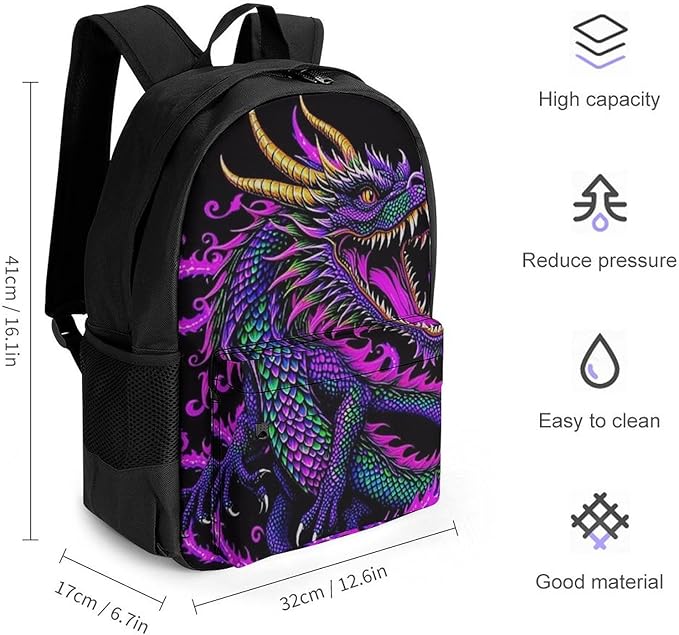 Men Women Lightweight Burning Flaming Fire Chinese Dragon Art Backpack Large Capacity Bookbag With Smooth Zippers for Gym Business Running