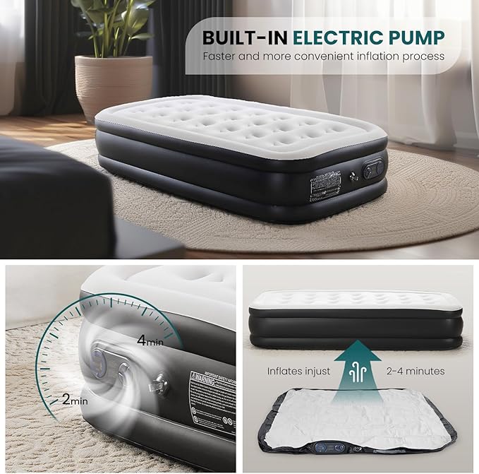 Sweetcrispy Twin Air Mattress - 18" Inflatable Blow Up Airbed with Built-in High Capacity Pump, Double Height, Non-Slip Bottom Design, Weight Capacity 660 lbs Air Bed for Home or Camping