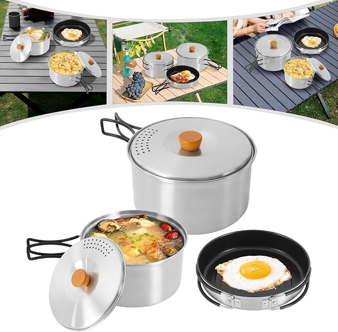 Camping Cookware Set, 304 Stainless Steel Camping Pots and Pans Set Outdoor Cookware Set with Storage Bag Campfire Cooking Equipment for Camping Outdoor Cooking Picnic