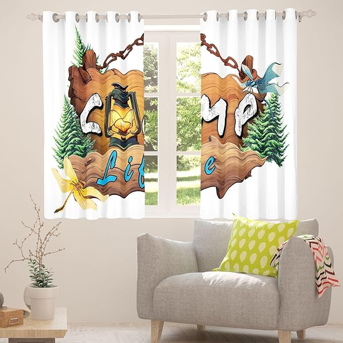 Erosebridal Happy Camping Window Drapes Lodge Cabin Camper Blackout Curtains 52" Wx63 L Rustic Pine Trees Curtains for Bedroom Living Room,Adventure Camp Life Window Treatments 2 Panels