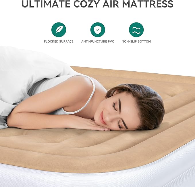 YITAHOME Queen Size Air Mattress with Headboard, 18in Inflatable with Pillow, Blow Up Mattress with Removable Electric Pump, Comfort Air Bed Queen for Camping & Home, Brown