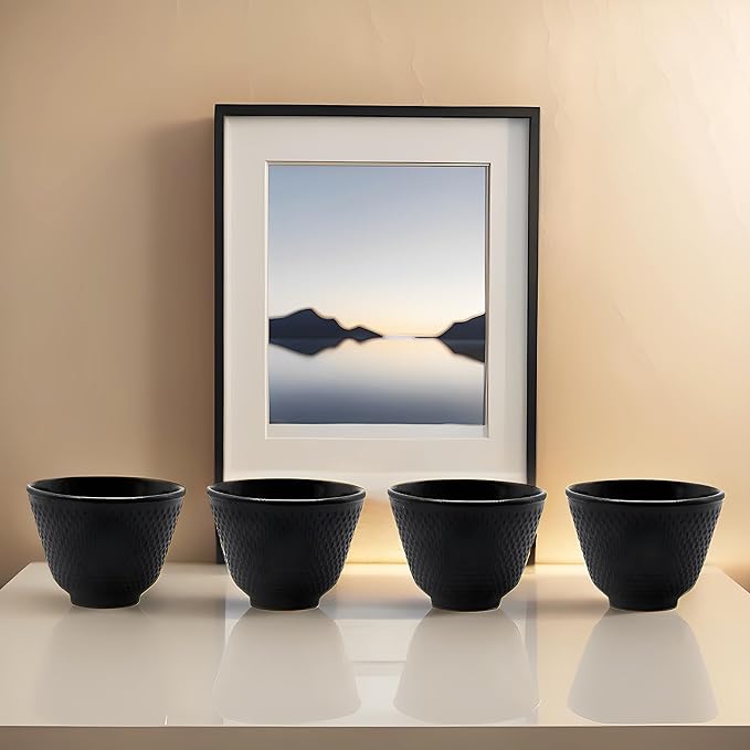 Japanese Cast Iron Tea Cups, Small and Heavy Teacups with no Handles, Japanese Style Cup for Adults, Asian Teacup, Coated with Enameled Interior, 4 Pcs/Box (Black, 3.38oz/100ml)