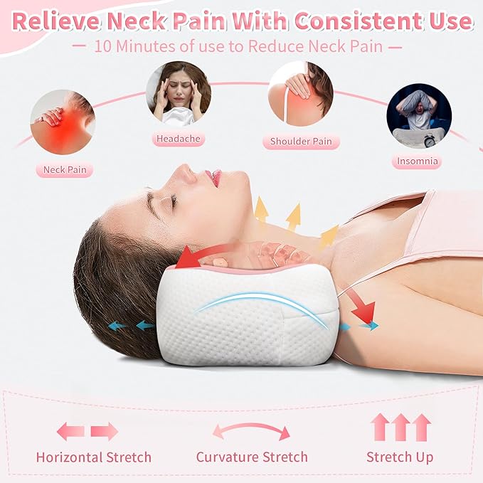 Neck Support Pillow, Cervical Neck Roll Memory Foam Pillow, Cervical Traction Device, Neck Pillow for Side Sleepers, Camping & Travel Pillow with Portable Bag