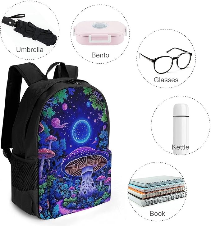 Supdreamc Backpack Polyester Anti-Theft Multipurpose Magic Mushroom Neon Purple Pattern Bookbag Large Capacity Laptop Book Bag Rucksack With Side Pockets