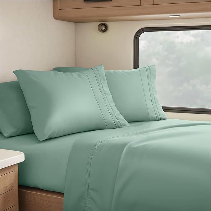 Clara Clark RV Short Queen Sheets - Hotel Luxury 6 Piece Bed Sheets for Short Queen Size Bed - Soft Bedding Sheets & Pillowcases, Fits Low Mattress up to 10 inch deep. Short Queen, New Sage Green