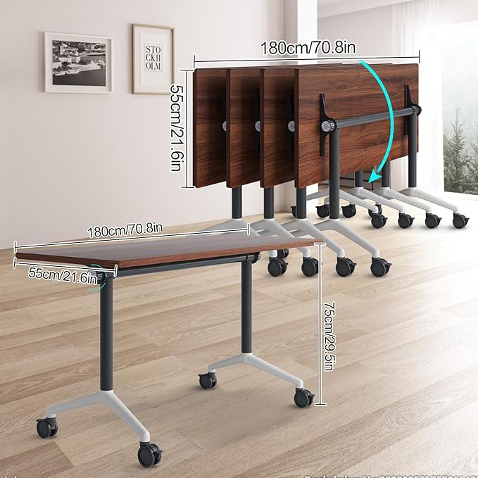 2Packs 70.8 Inch Folding Conference Table Space-Saving 5.91 Ft Training Classroom Table,Heavy-Duty Meeting Desk for Office Events,Easy Storage Design, Rectangular Table with Durable Legs Walnut