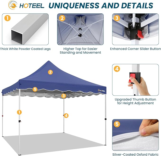 HOTEEL 10x10 Pop Up Canopy, Easy Setup Party Tent with Carry Bag, Weight Bag, Outdoor Portable Event Shelter for Backyard, Market, Navy