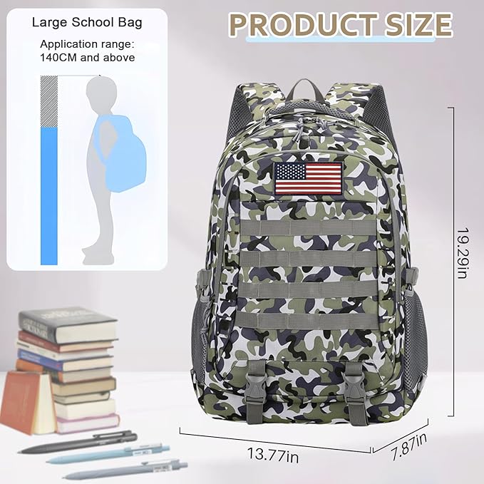 Camo Tactical Backpack for Boys - Waterproof 19'' Kids Bookbag with 15.6" Laptop Compartment, MOLLE System School Bag for Camping Hiking Travel