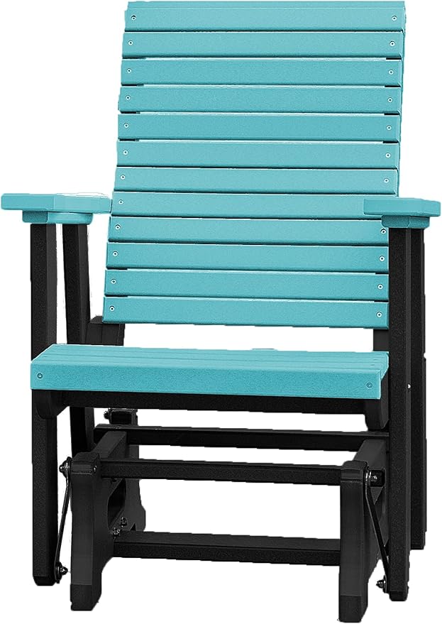 DutchCrafters Modern Horizontal Slat High Back Poly Glider Outdoor Patio Chair (Black & Aruba Blue)