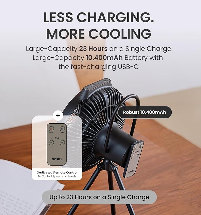 Claymore V1040 Black Rechargeable Portable Fan – 10,400mAh Power Bank Function Remote Control 4-Speed Quiet BLDC Air Circulator USB-C Charging 23 Hrs Runtime for Camping, Indoor, Outdoor