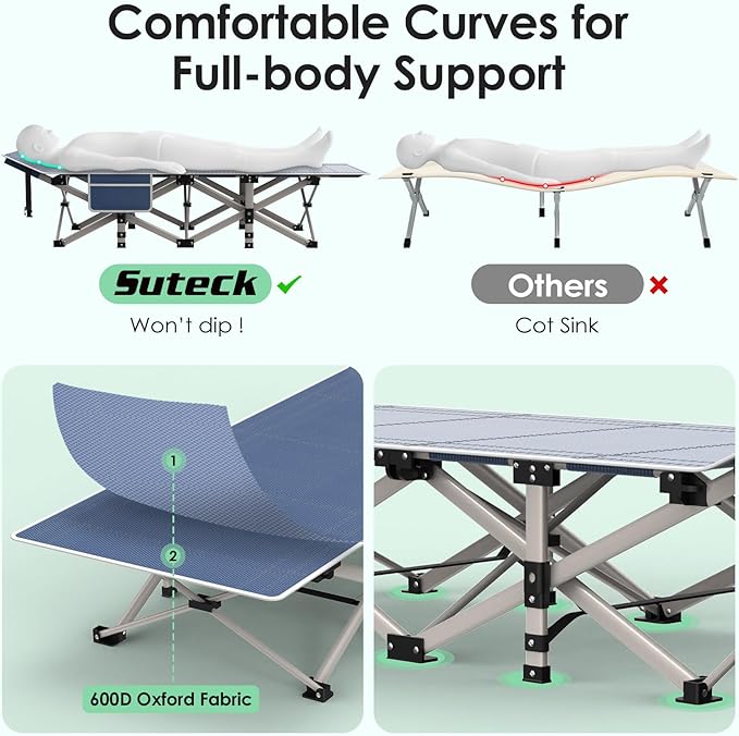 Suteck Camping Cot, Folding Camping Cot Bed for Adults Sleeping 1200D Double Layer Oxford Portable Folding Outdoor Cots for Camping W/Soft Pad Carry Bag for Home Office Nap Beach Travel, 500LBS,Blue