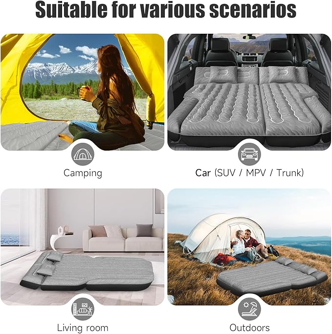 Inflatable SUV Air Mattress Bed Car Mattress for SUV, Double-Sided Flocking Travel Camping Bed, Car Sleeping Mattress for Universal SUV with Air Pump 2 Pillows