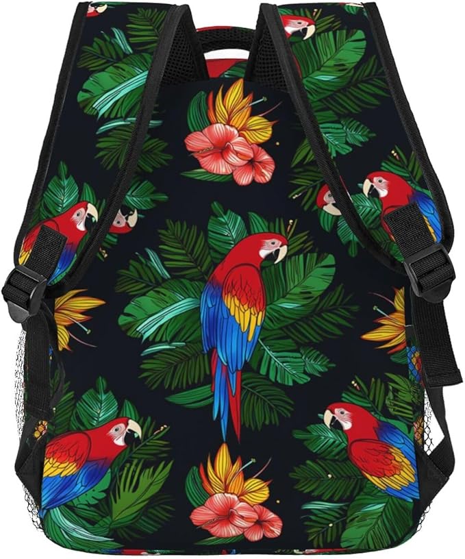 Men Women Polyester Macaw And Hibiscus Art Daypack Big Capacity Shoulder Bag With Adjustable Shoulder Straps for Camping Travel Walking Cycling