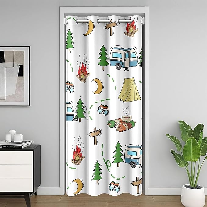 Happy Camping Door Curtain For Doorway Privacy for Kids Adults - Rustic RV Camper Blackout Curtain Cute Pine Trees Campfire Tent Door Drape Outdoor Adventure Theme Window Treatment 34"W x 80"L
