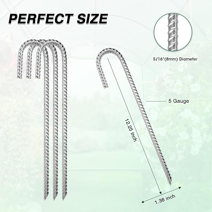 12 Inch Rebar Stakes Heavy Duty, 10 Pack Garden Stake J-Hook, Galvanized Rust Proof Metal Stakes for Tent, Landscape,Outdoor Decorations, Fabric Ground Cover, Tube Fixing (Silver, J-12in-10pc)