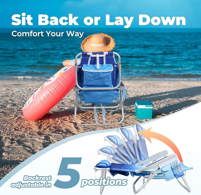 Low Beach Chairs for Adults - 5-Position Lay-Flat Backpack Chair with Large Insulated Cooler & Storage Pocket, Aluminum Frame, Portable for Travel & Outdoor, Supports 300lbs, Wave Blue