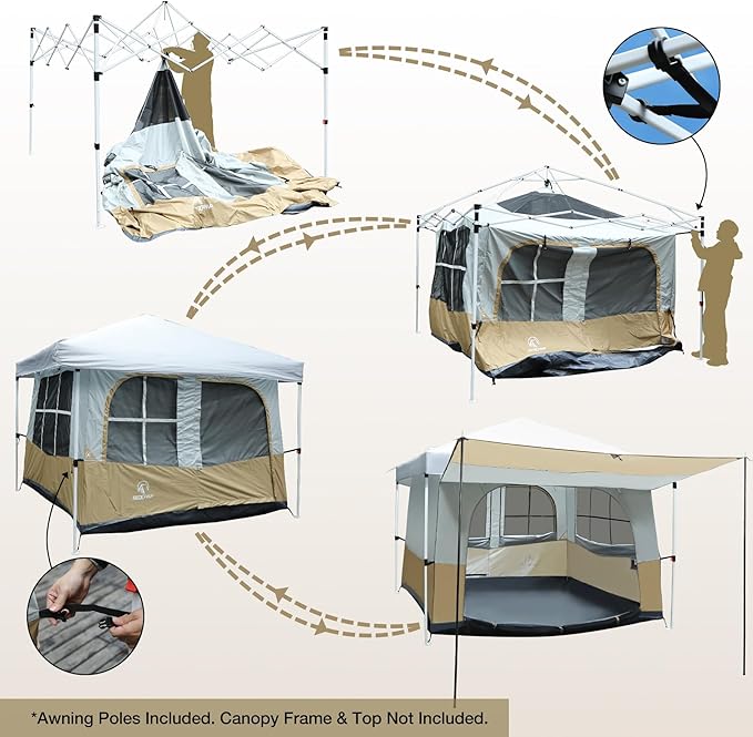 REDCAMP Camping Inner Tent for Pop Up Canopy, Cube Tent Converts 10"x10" Straight Leg Canopy into Camping Tents, Fully Vented Roof, Fit 4-6 Person Khaki (Frame/Shelter NOT Included)
