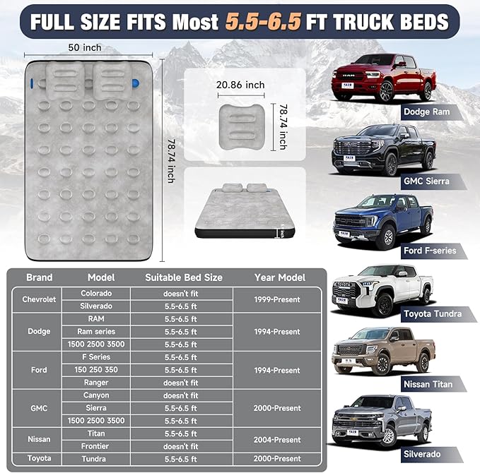 Umbrauto Air Mattress for 5.5-6.5 ft Short Bed Full-Size Trucks, Pickup Truck Airbed Mattress with Wireless Rechargeable Pump for Outdoor Travel