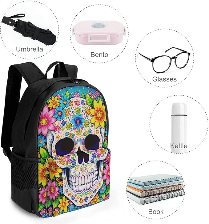 Supdreamc Rucksack Multipurpose Anti-Theft Big Capacity Shoulder Bag, Sugar Skull Colorful Day Of The Dead Art Travel Hiking Camping Rucksack With Side Pockets