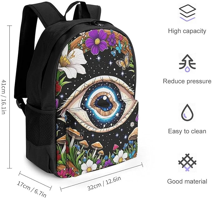 Supdreamc Daypack Backpack Multipurpose Anti-Theft Large Capacity Bookbag, Psychedelic Flower Eye Mushroom Trippy Art Travel Hiking Camping Rucksack With Adjustable Shoulder Straps