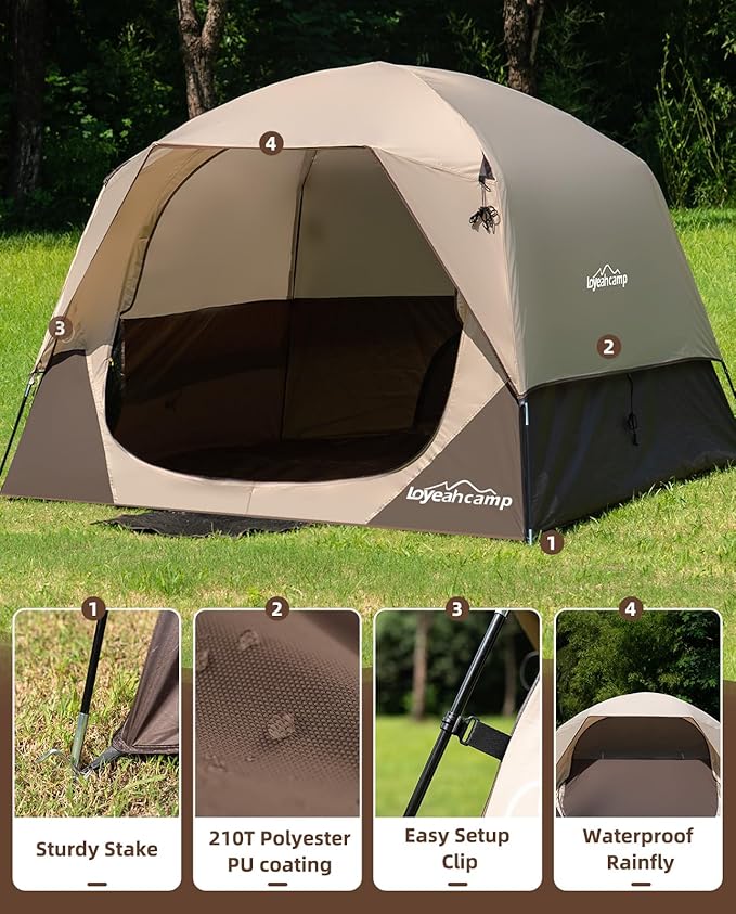 Tents for Camping 4 Person Tent Waterproof Easy Setup Dome Family Tent with Rainfly Large Tents for Outdoor Camping&Hiking,Polyurethane Material, Khaki