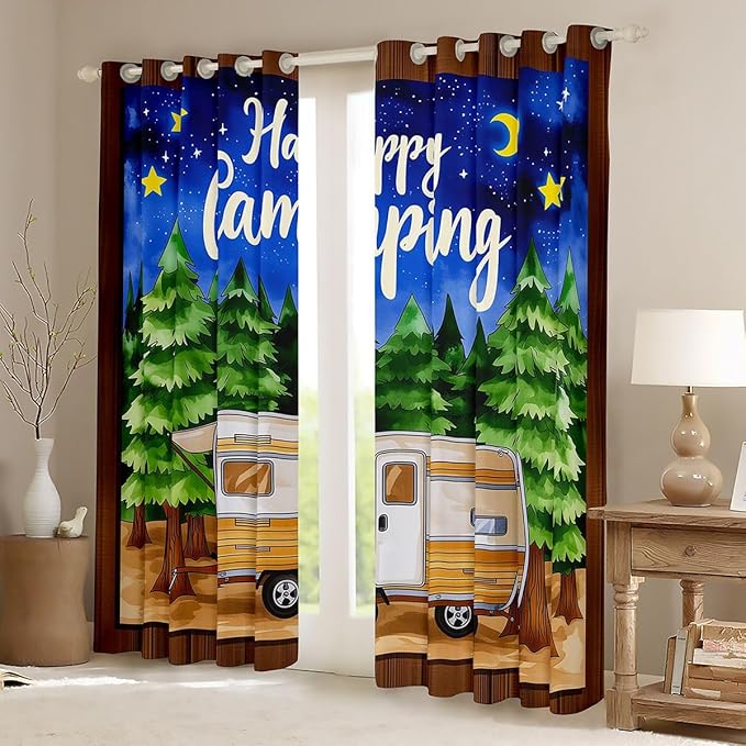 Erosebridal Kids Camper Blackout Curtains for Bedroom Living Room Happy Camping Window Curtains 2 Panels 42" Wx84 L Rustic Camp Travel Car Drapes,Camping Adventure Forest Window Treatments