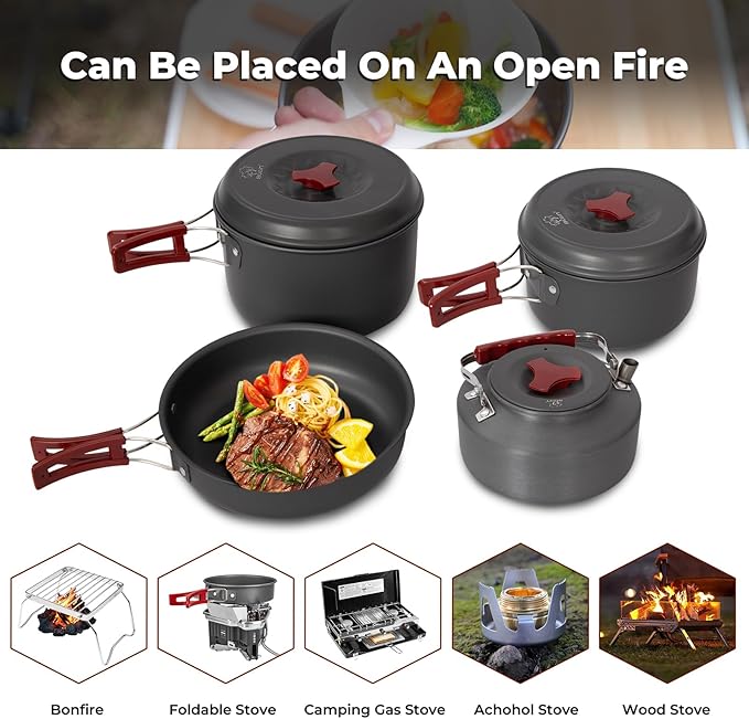 Bulin 24/13/11/8/4 PCS Camping Cookware Mess Kit Lightweight Backpacking Cooking Set Outdoor Cook Gear for Family Hiking, Picnic(Kettle, Pot, Frying Pan, Bowls, Plates, Spoon)