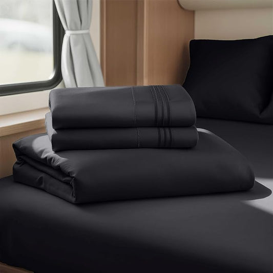 Hearth & Harbor Short Queen Sheets for RV, Black RV Queen Sheets, Silky Soft 1800 Microfiber Bed Sheet for Camper, 4 Piece RV Bedding with Pillowcases