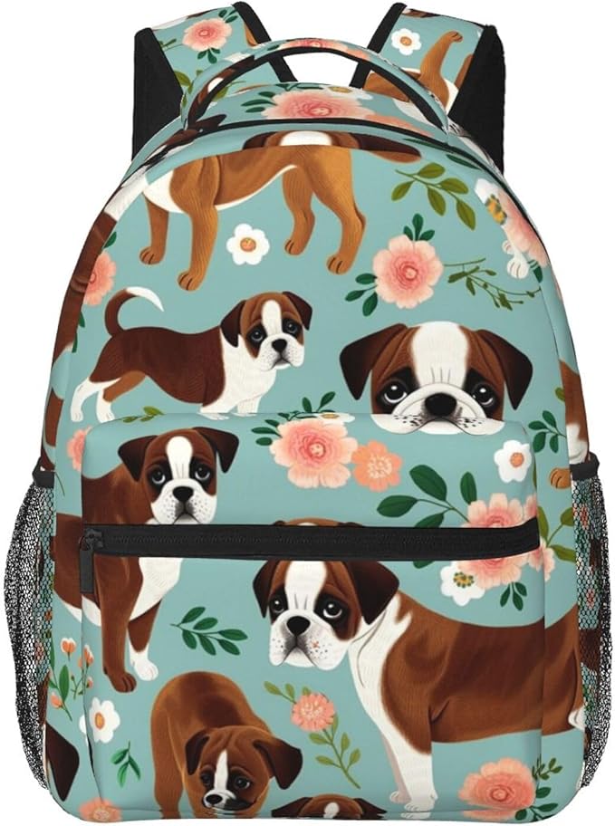 Men Women Polyester Boxer Dog Flowers Florals Mint Green Daypack Backpack Large Capacity Carry On Bag With Smooth Zippers for Hiking Picnic Walking Cycling