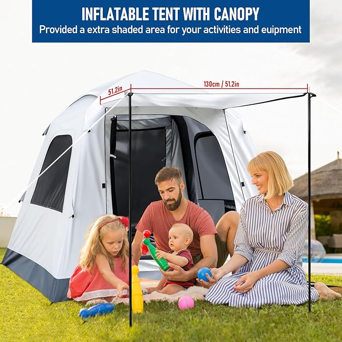 Quick Inflatable Camping Tent 3-4 Person Glamping Outdoor Air Blow Up Tents, Easy Set up,Rainfly & Waterproof Inflatable House Tent for Adults