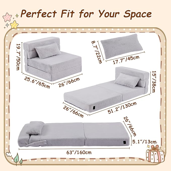 Folding Sofa Bed Mattress for Kids with Pillow, Toddler Washable Folding Floor Mat for Daycare, Child Fold Up Sofa Futon Chair Bed with Storage Bag for Playroom, Camping, Girls and Boys, Grey