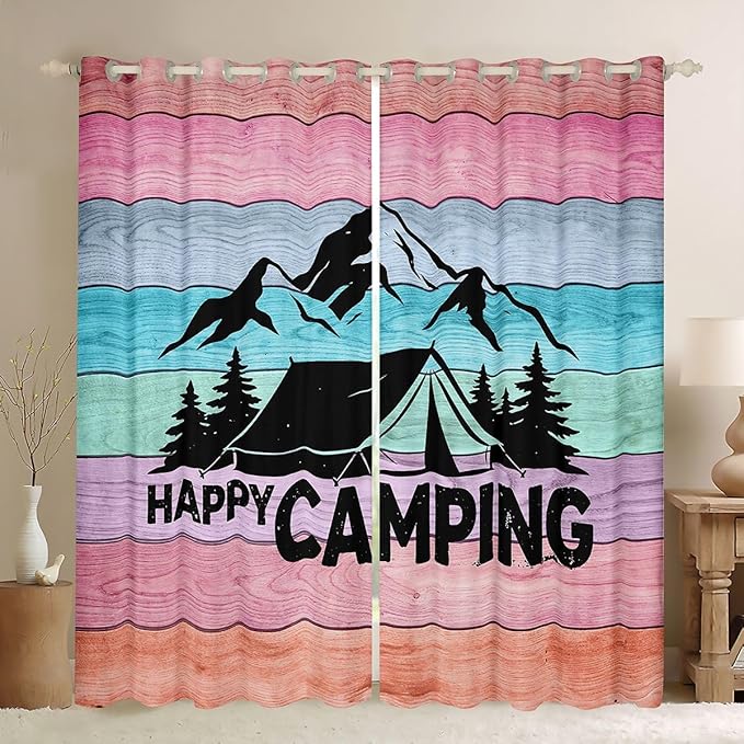 jejeloiu Happy Camping Curtains for Bedroom Living Room Camper Blackout Shades RV Camping Room Darkening Curtain Wild Animal Window Treatments, 2 Panels 42 x 84 Inch Decor