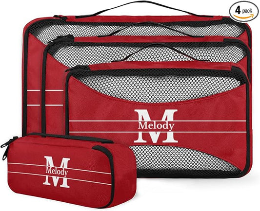 4pc Personalized Name Packing Cubes for Travel - Luggage Packing Organizers - Travel Packing Cubes for Suitcases, Solid Red Color with Initial Letter