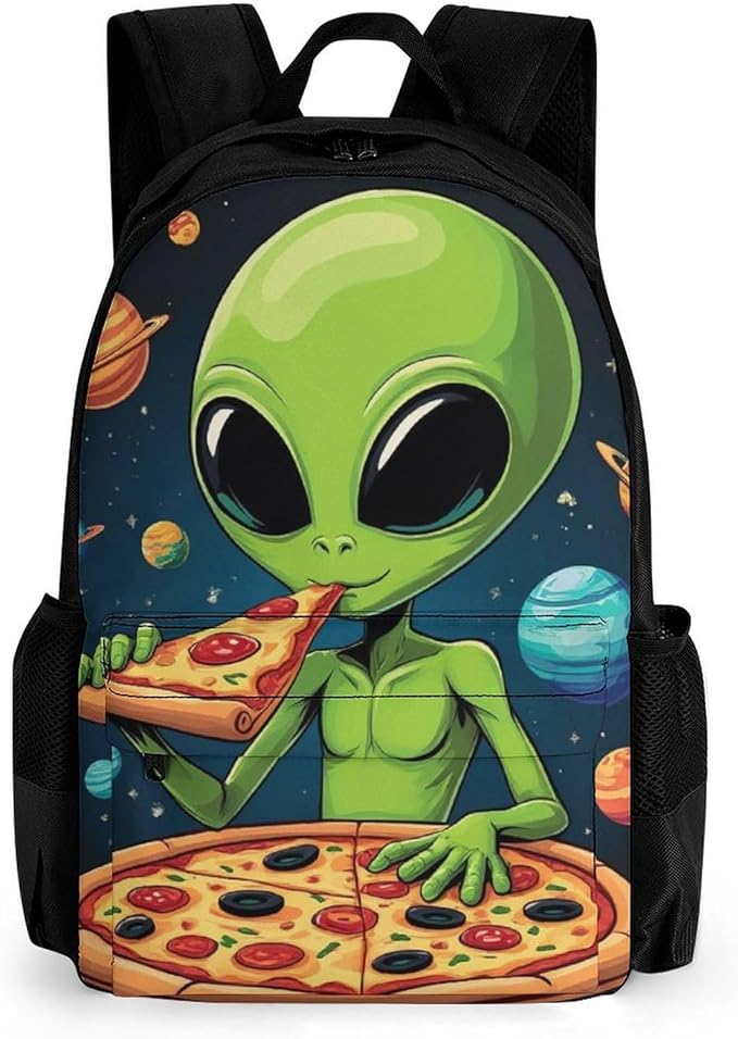 Polyester Daypack Backpack for Sports Travel Running, Big Capacity Anti-Theft Multipurpose Carry On Bag, Funny Space Dj Alien Eating Pizza Art Laptop Book Bag Rucksack