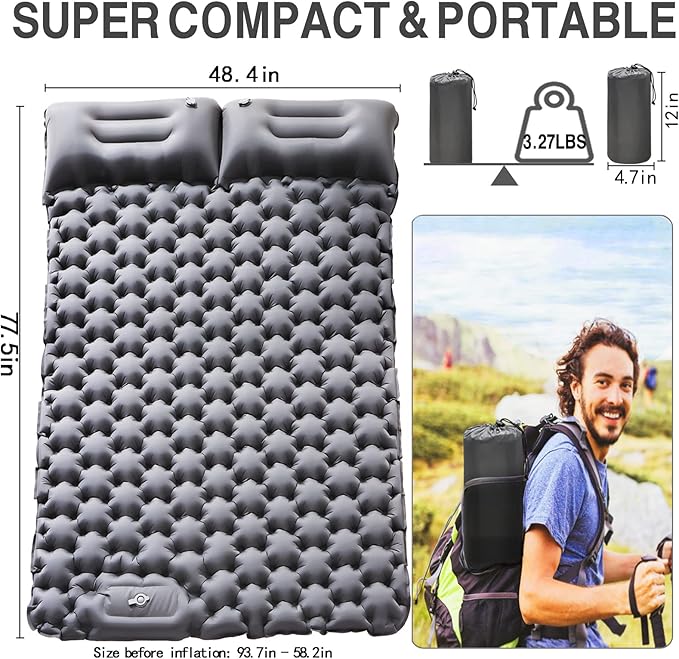 Double Sleeping Pad Camping, Self Inflating 4'' Extra-Thick 2 Person Pillow Built-in Foot Pump Waterproof Inflatable Sleeping Mat Backpacking, Tent, Hiking, Portable Camping Pad (Grey-Full)