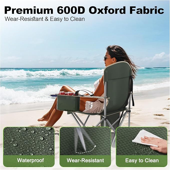 Folding Camping Chairs Durable 600D Oxford, Portable Outdoor Chair with Cooler Pouch, Cup Holder & Storage Pocket for Camping, Beach, Fishing