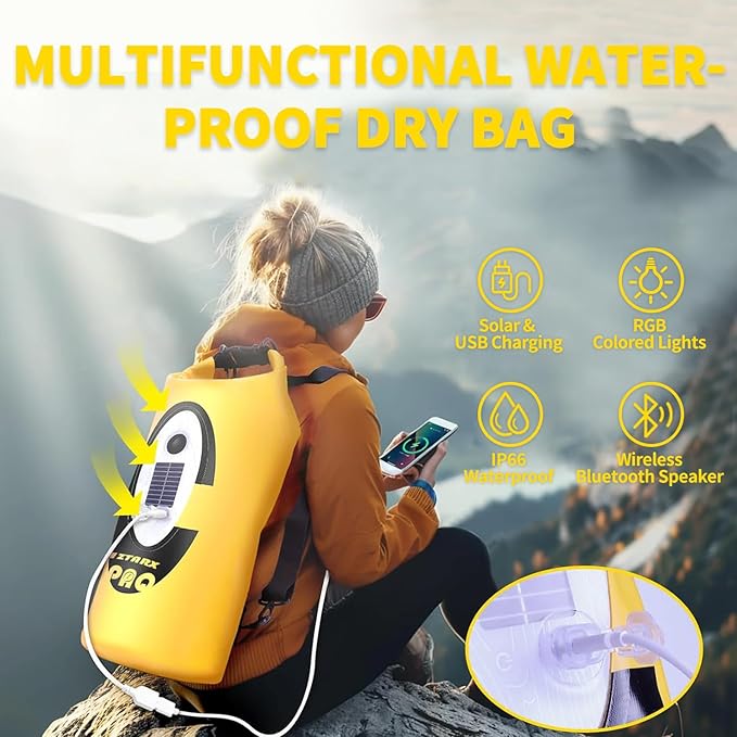 Solar Dry Bag Backpack 10L,Built-in Bluetooth Speaker & LED(4 Lighting Modes),Solar or USB Rechargeable,IP66 Waterproof Floating for Camping, Kayaking, Hiking & Outdoor Adventures